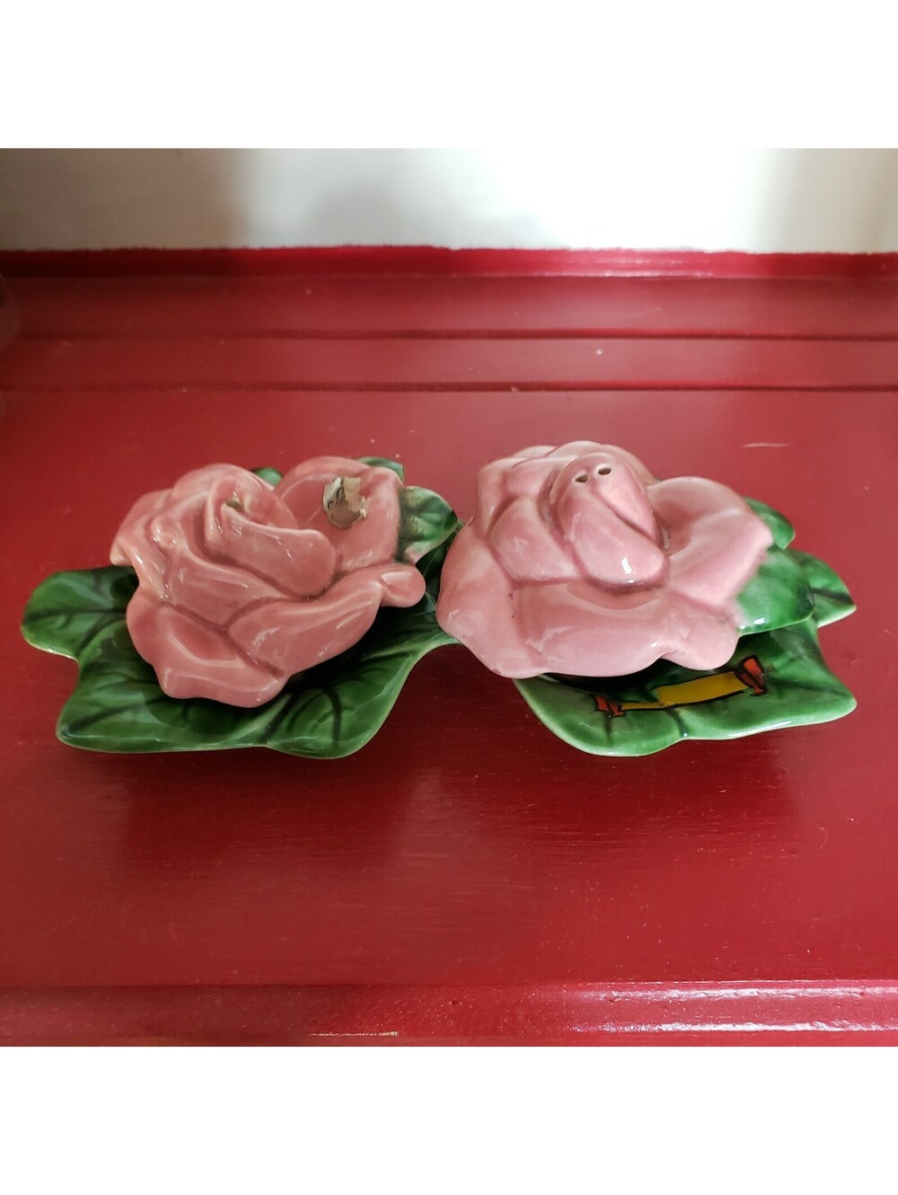 Vintage Sylvan 3 pc Salt and Pepper Shaker Set Tray and Roses Made in USA